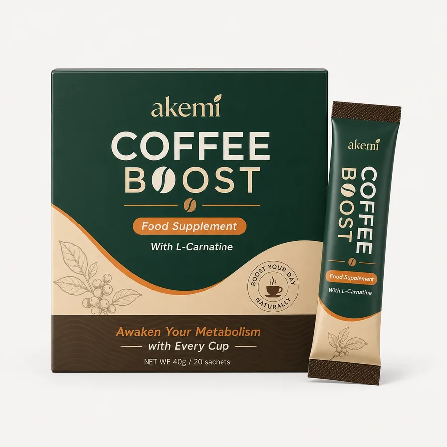 Akemi Coffee Boost — a box of 20 flavourless sachets and a single sachet