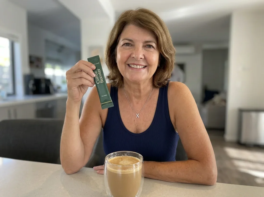 A woman at a kitchen counter holding up a single Akemi Coffee Boost sachet next to a glass of milky coffee