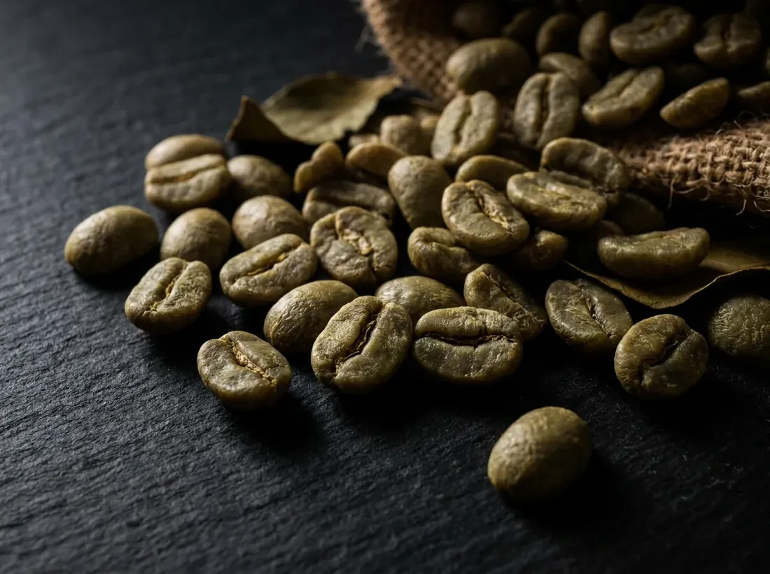 Unroasted green coffee beans spilling from a burlap sack onto dark slate